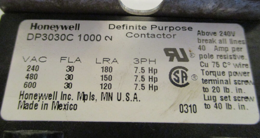 Contactor 3 Pole 240-600VAC 7.5HP 30FLA