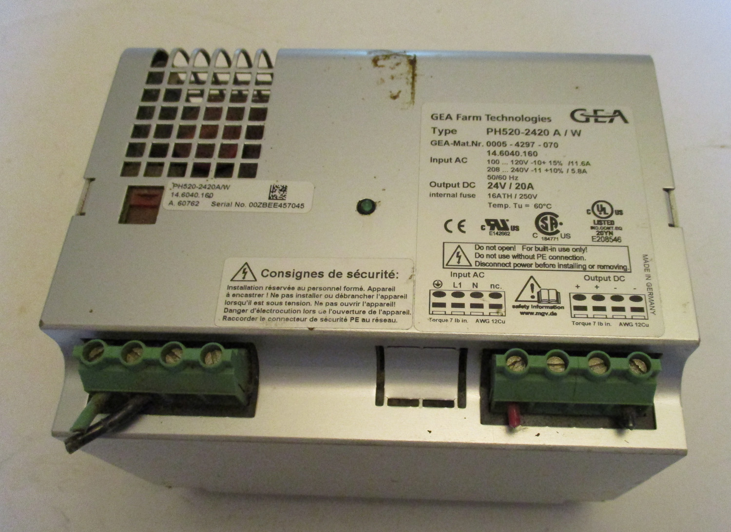 Power Supply, 24V/20A O/P Dc